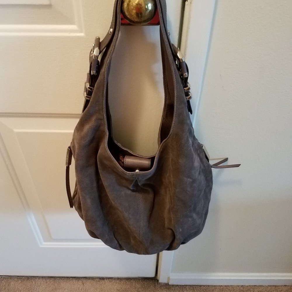 B Makowsky Gray Suede Hobo Bag